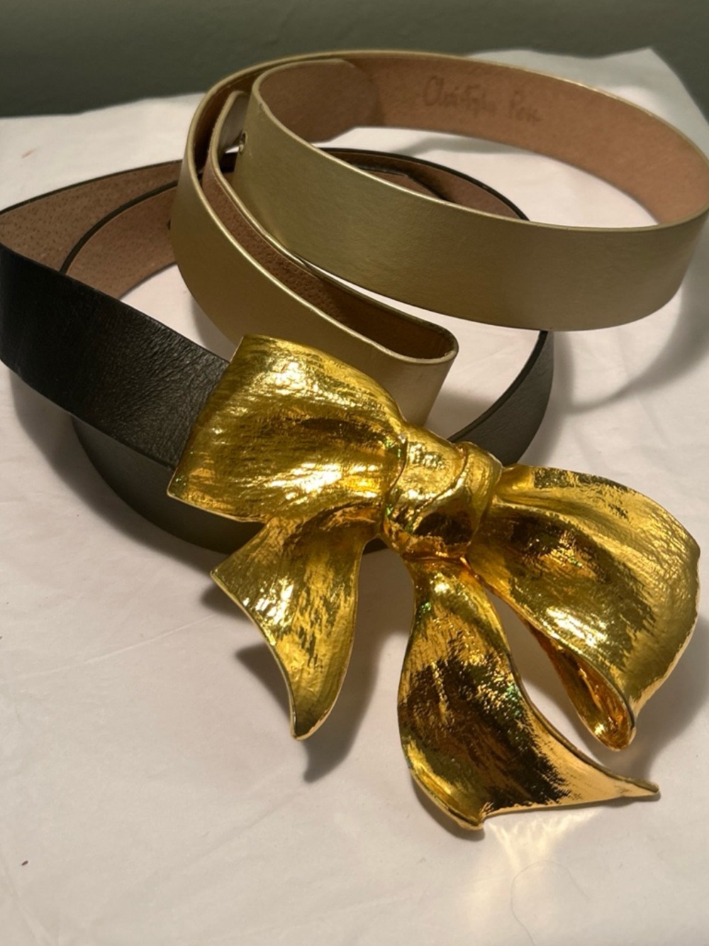 Christopher Ross 1983 Gold Bow Belt Buckle, 2 Leather Straps Black & Gold RARE